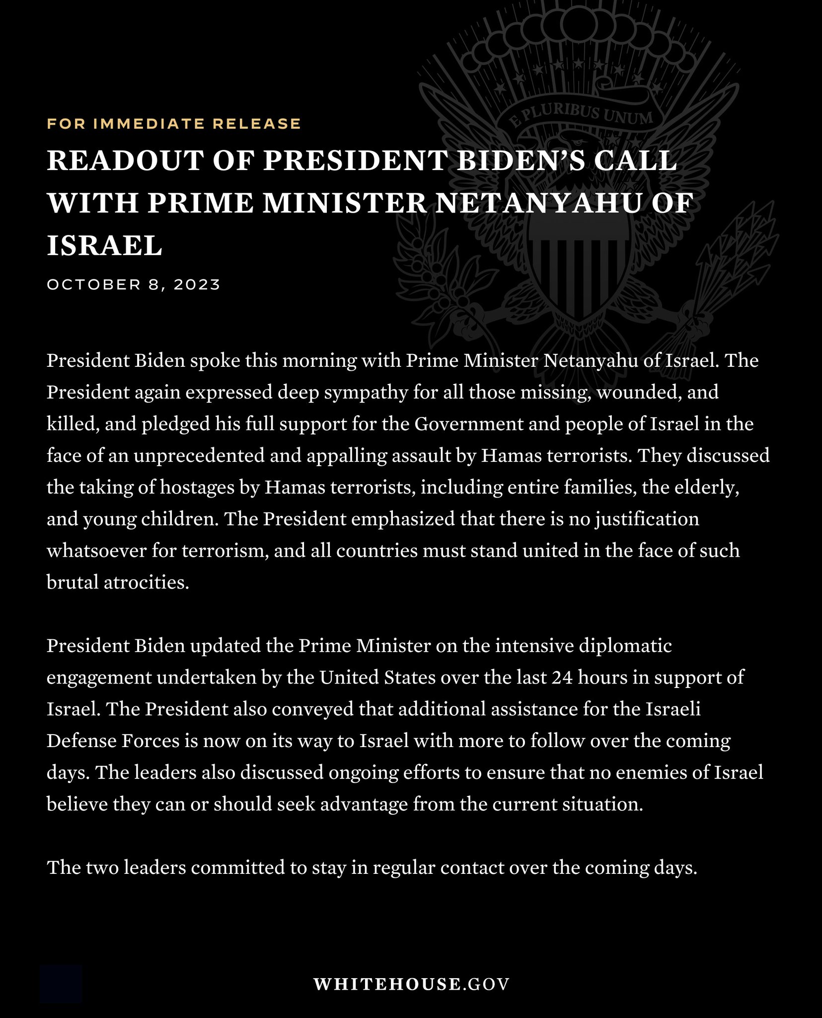 President Joe Biden speaks on the terrorist attacks in Israel from the State Dining Room at the White House on October 7, 2023 in Washington, DC