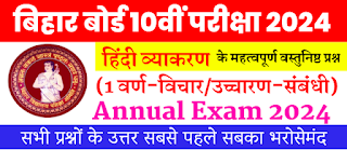 Bihar Board Class 10 Examination 2024  Hindi Vyakran Objective Questions  अध्याय 1 वर्ण-विचारउच्चारण-संबंधी