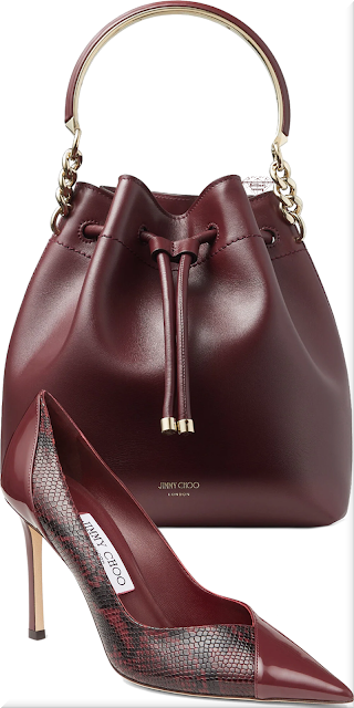 ♦Jimmy Choo burgundy soft shiny smooth calf leather Bon Bon bucket bag & Cass burgundy patent and snake printed leather pumps #jimmychoo #shoes #bags #red #brilliantluxury