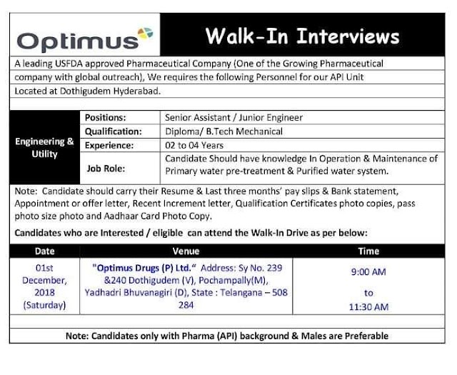 Optimus Drugs | Walk-In for Engineering | 1st December 2018 | Hyderabad