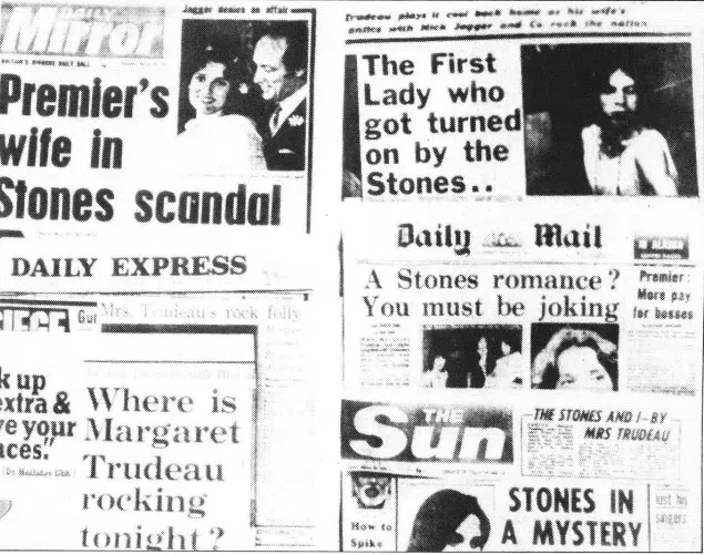 Margaret Trudeau with the Rolling Stones, and the shocked British tabloids’ reaction to the scandal.