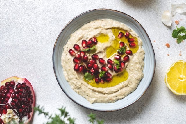 Baba Ghanouj salad dish with pomegranate