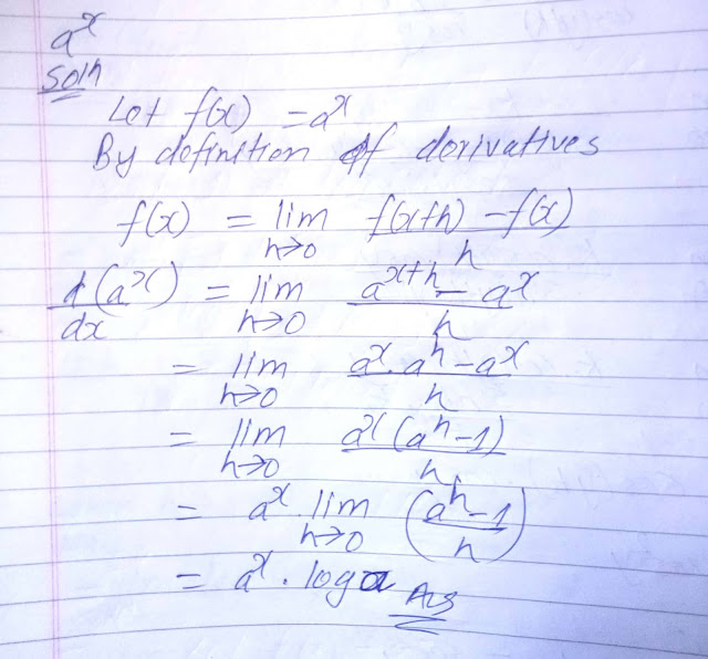 Find derivatives of a^x from frist principle or definition of derivatives.