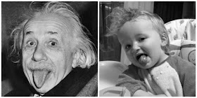 Black and white picture of Einstein poking his tongue out and Bear poking his tongue out
