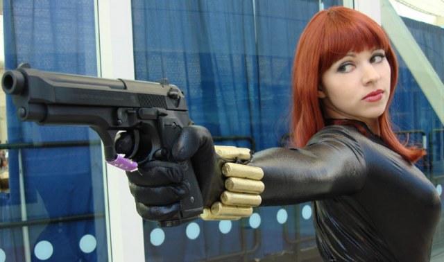 black widow sexy gun pose