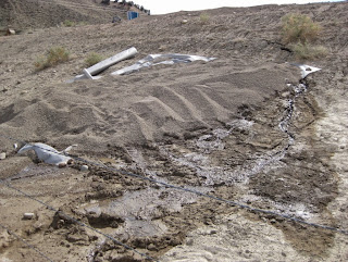 Filter fabric and then granular pea gravel placed over an area on the downstream slope of a dam to control excessive or unusual seepage