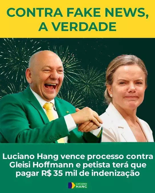 JUSTIÇA CONDENA GLEISI A PAGAR INDENIZAÇÃO DE R$ 35 MIL A LUCIANO HANG    