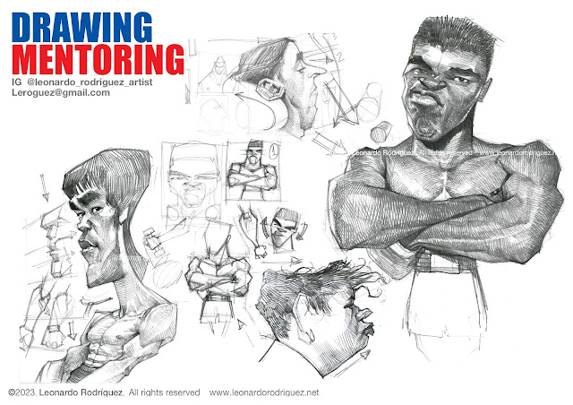 Page of drawing study for a male human figure and caricature.  Image of Bruce Lee and Muhammad Ali