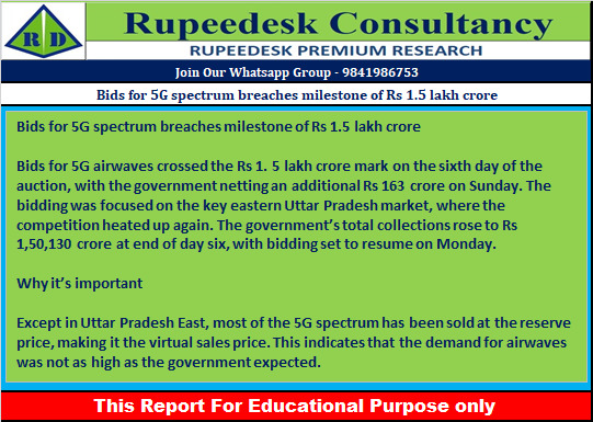 Bids for 5G spectrum breaches milestone of Rs 1.5 lakh crore - Rupeedesk Reports - 01.08.2022