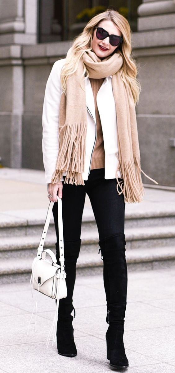 how to style a beige scarf : white biker jacket + boots + bag + nude sweater + black skinnies