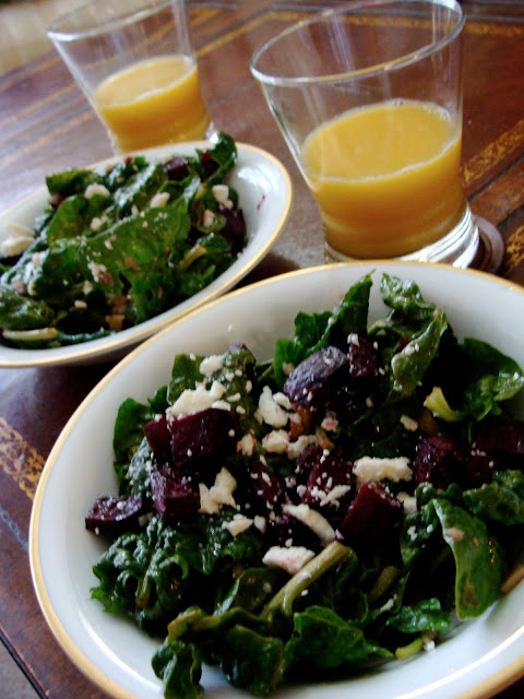 Spinach, Beet, Pecan, and Goat Cheese Salad