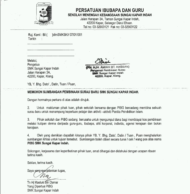 Surat Minta Sumbangan Derma Kepada Sekolah