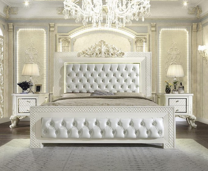 Repose in Grandeur: An Exquisite White and Gold Bedroom Set Furniture by Royalzig