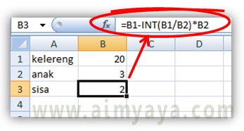  Gambar: Contoh pemakaian fungsi INT()  di excel