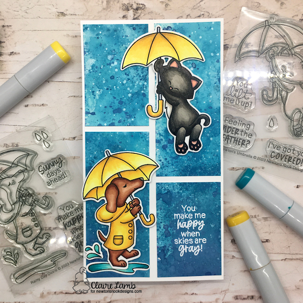 You make me happy when skies are gray by Claire by Newton's Umbrella and Rainy Day Doxie by Newton's Nook Designs; #inkypaws, #newtonsnook, #catcard, #dogcard, #cardmaking, #springcard