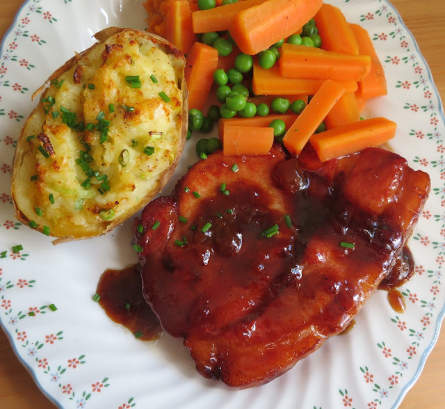 Glazed Bacon Chops with Champ Stuffed Potatoes