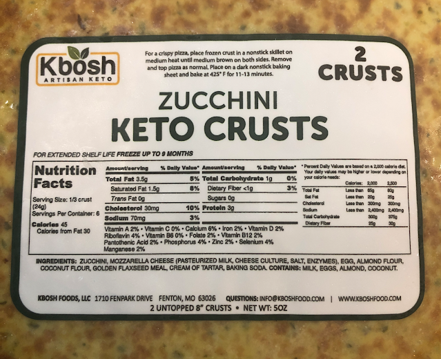KBosh Keto Cauliflower Crust Nutrition and Ingredients Label