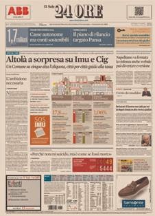 Il Sole 24 Ore del 10 Maggio 2013 | ISSN 0391-786X | PDF HQ | Quotidiano | Economia | Finanza | Politica
Il Sole 24 Ore è il quotidiano economico più venduto tra quelli pubblicati in Italia e il terzo giornale d'informazione più venduto nel paese dopo il Corriere della Sera e La Repubblica.
La testata nacque il 9 novembre 1965 dalla fusione di due quotidiani: Il Sole, fondato nel 1865, e 24 Ore, nato nel 1946.