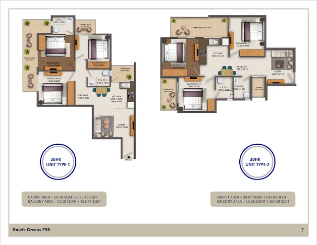 Rajvik Greens 79b 3bhk type 1 & 2 Floor Plans