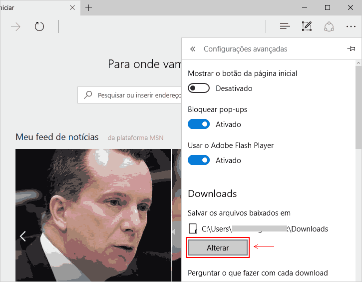 alterar pasta de download microsoft edge