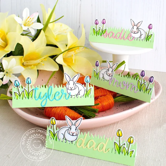 Sunny Studio Stamps: Spring Greetings Sunny Sentiments Loopy Letters Easter Place Cards by Leanne West