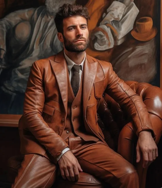 Five Photographs of Sexy Men Wearing Burnt Sienna Leather Suit