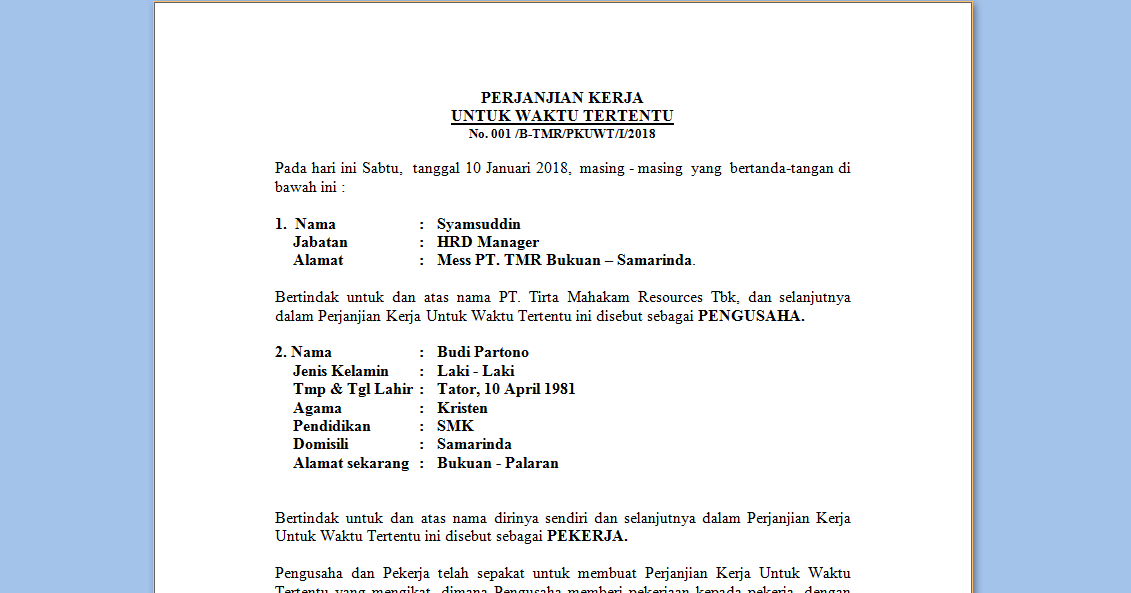Berbagai contoh surat perjanjian kontrak kerja karyawan tetap atau swasta disertai pasal p Contoh Surat Perjanjian Kerja Karyawan Tetap Word