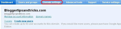 Google Apps Domain Setting tab highlighted