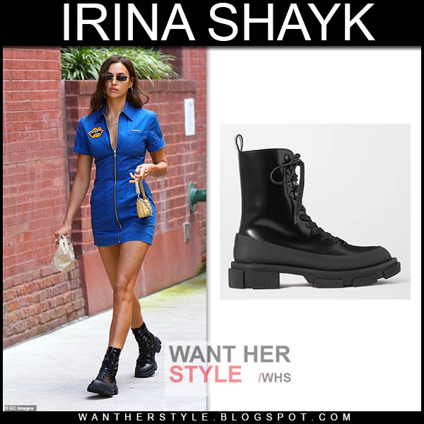 Irina Shayk in New York City in blue dress and black boots.