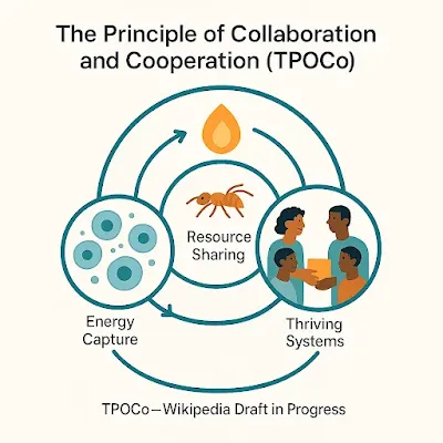 A circular infographic illustrating the Principle of Collaboration and Cooperation (TPOCo). At the center is a glowing energy symbol. Surrounding it are three layers: microscopic cells cooperating, ants carrying food together, and humans exchanging resources. Arrows connect the layers to show energy flow. Labels read “Energy Capture,” “Resource Sharing,” and “Thriving Systems.” The design is clean and modern with a white background and soft shadows.