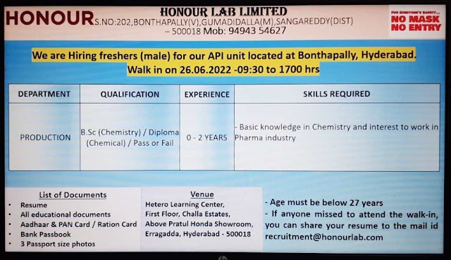 Honour Labs | Walk-in interview for Freshers and Experienced on 26th June 2022