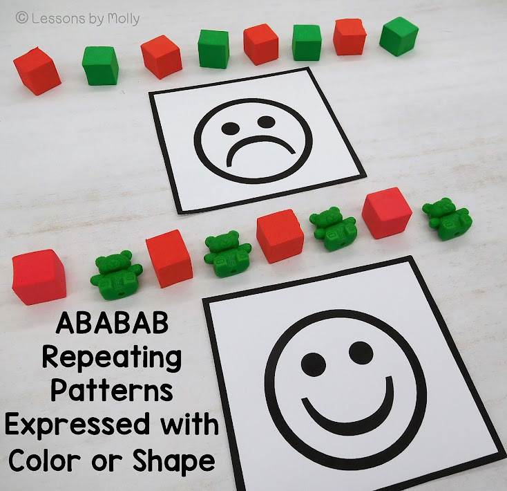 In the photo, there are two examples of ABABAB repeating patterns. One pattern showcases red and green cubes, which may pose challenges for children with color blindness. However, the other pattern demonstrates a more inclusive approach by using bear counters and cubes, ensuring the pattern is expressed through the objects rather than relying solely on colors.