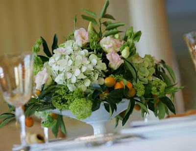 Wedding Centerpiece with Hydrangeas Greens and Berries from fleurLily Chic