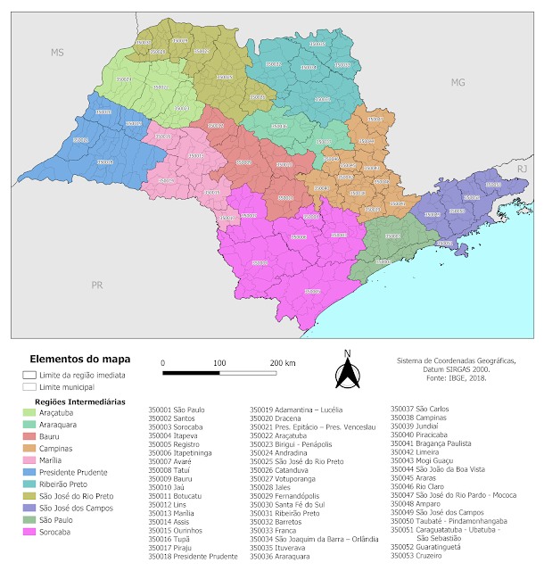 Mapa das regiões imediatas do estado de São Paulo