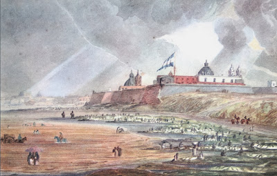 'El Fuerte de Buenos Aires desde la ribera norte' hermosa litografía coloreada, MHN de Buenos Aires. Tomado de Pinacoteca Virtual Sanmartiniana, de don Jorge César Estol 