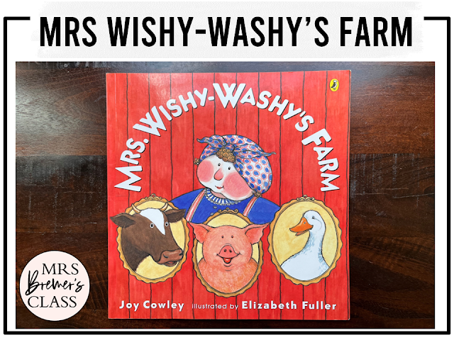 Mrs Wishy Washy's Farm book activities unit with literacy printables, reading companion activities, lesson ideas and comprehension worksheets for Kindergarten and First Grade