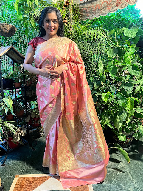 Peachish pink mushroo silk saree