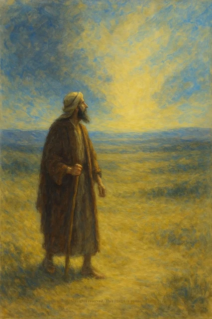 Abraham standing in the wilderness, gazing at the sky with hope – 광야에 서서 밝은 하늘을 바라보는 아브라함의 희망 어린 시선
