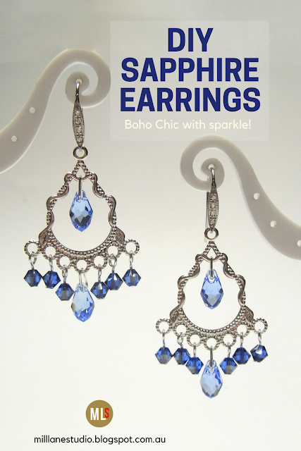 Pin for DIY Bohemian Sapphire Chandelier Earrings. Silver filigree chandelier fitting with a row of dangling Swarovski crystals in shades of blue below a focal tear drop crystal