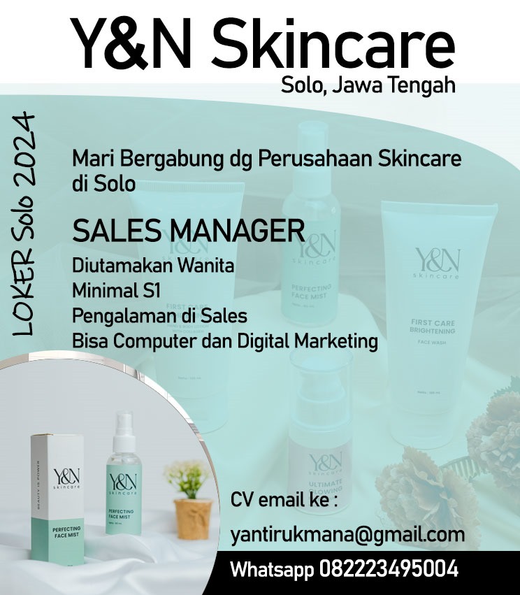 Loker Sales Manager, Cook Helper, dll di Y&N Skincare dan Rilassati Bloc Solo