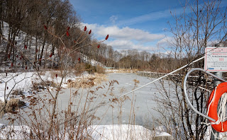 A large stormwater pond to prevent flooding after winter or rain in the Earl Bales Park, Toronto.