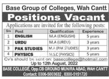 Jobs in Pakistan Today NewBase College Jobs 2022  job advertisement online