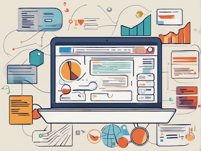 Laptop displaying a blog post with SEO elements, keywords, and web traffic visuals