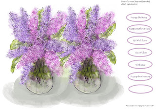 Image is a snapshot of a watercolour sketch style bunch of lilacs in a vase. The shape is such that cutting around them makes a shaped card.