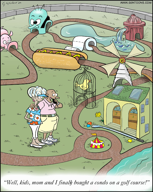 A putt-putt golf course with the course running through a toy fire hydrant, a giant hotdog, a sculpture of a roll of toilet paper, a pig, a big blue head, and a tiny condominium building. two miniature lakes and a tiny grassy meadow. a bald man and white-haired woman stand on the grass smiling at the tiny building. the man says into a cellphone, "Well, kids, mom and i finally bought a condo on a golf course!"