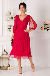 Rochie Ginette din matase fucsia cu maneci decupate