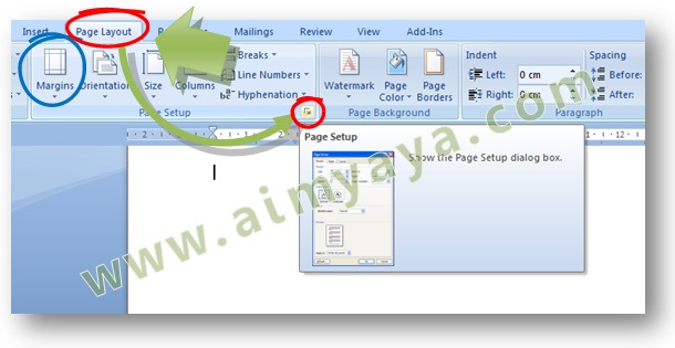 Gambar: tombol untuk menampilkan dialog Page Setup di Microsoft Word 2007