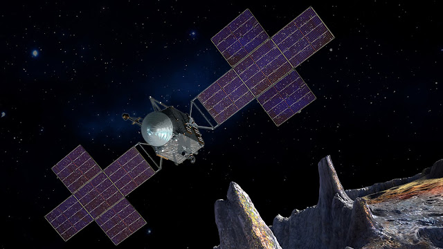 Depiction of the spacecraft of NASA’s Psyche mission near the mission’s target, the metal-rich asteroid Psyche.
