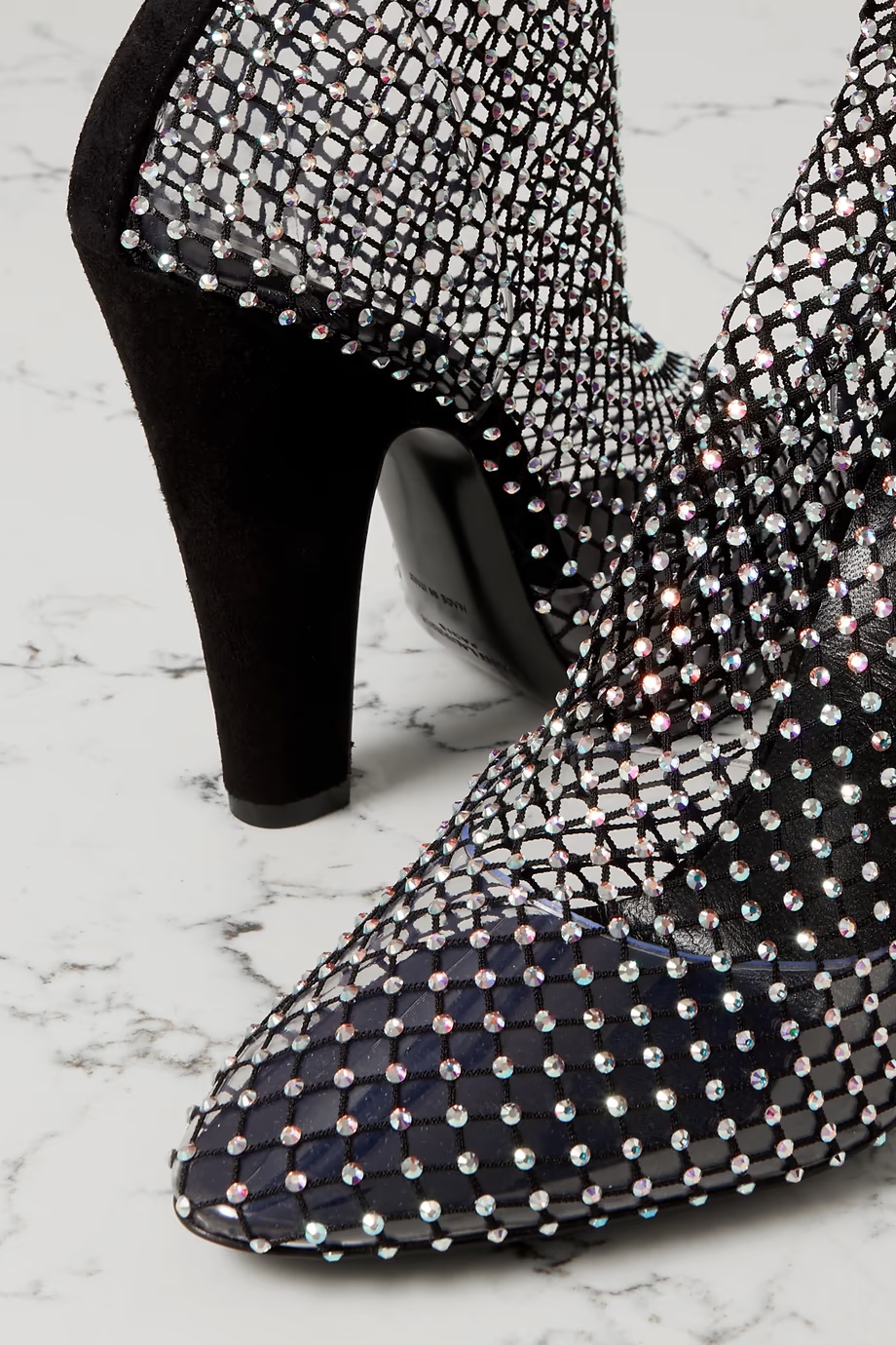 SAINT LAURENT Suede-trimmed crystal-embellished fishnet knee boots