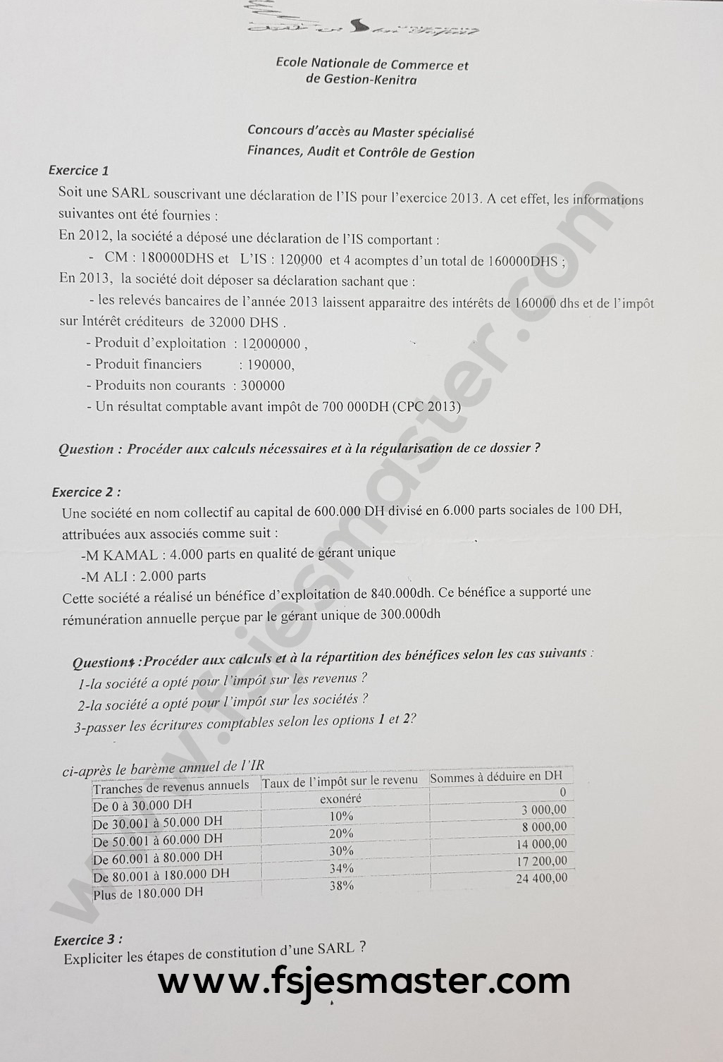 Exemple de Concours Master Finances Audit et Contrôle de Gestion (FACG) - ENCG Kénitra